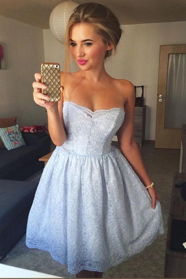 A-Line Sweetheart Knee Length Strapless Sleeveless Blue Lace Homecoming Dress WK802