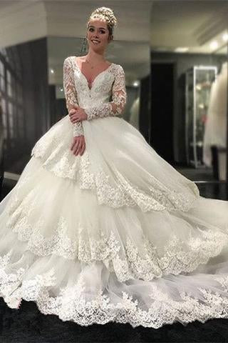 Long Sleeve V-neck Open Back Lace Ball Gown Wedding Dresses Bridal Dresses WK388