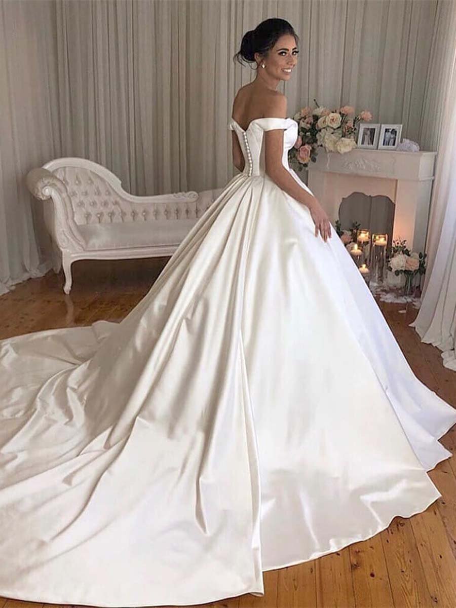 Simple Princess Ivory Ball Gown Sweetheart Satin Off the Shoulder Wedding Dresses WK193