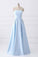 A-Line Blue Simple Satin Strapless Beaded Pockets Lace Up Back Long Sleeveless Prom Dresses WK309