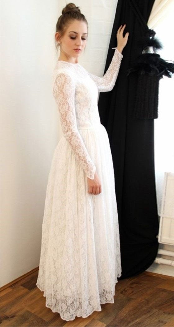 Elegant Princess Long Sleeve A Line Lace High Neck Ivory Long Wedding Dresses WK65