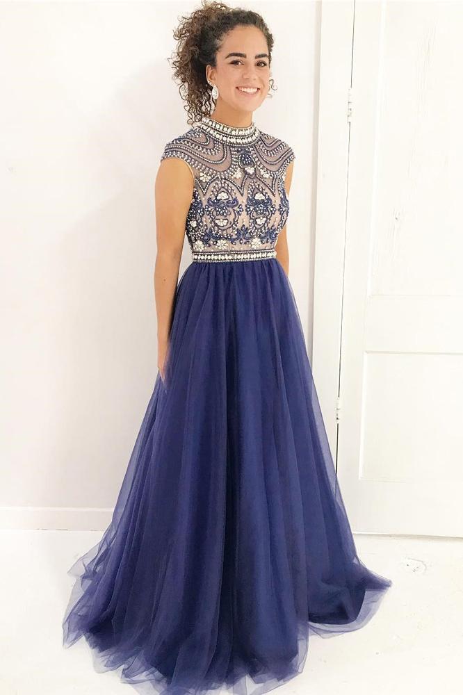 Vintage Stylish A-Line High Neck Cap Sleeves Navy Blue Beaded Lace Tulle Prom Dresses WK296