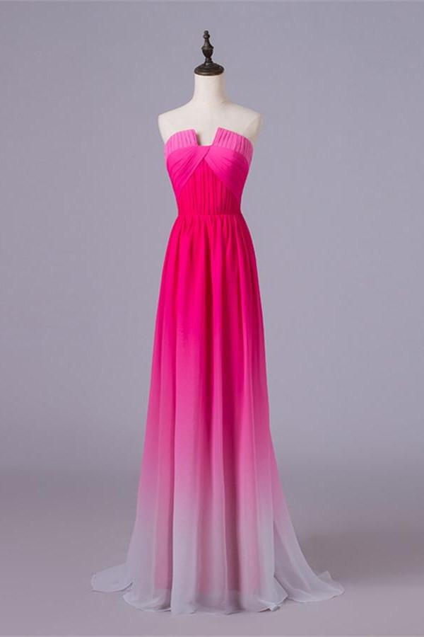 A-line Ombre Princess Long Cheap Gradient Chiffon Strapless Hot Pink Prom Dresses WK342