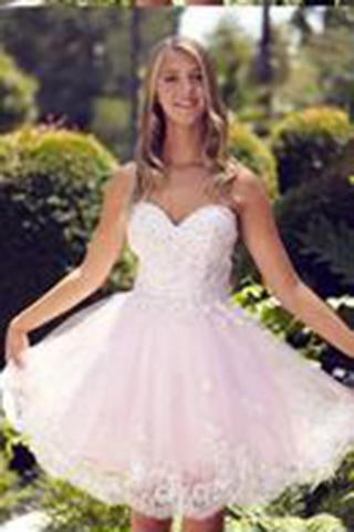 G2048 Feminine Lace Accented Sweetheart Appliques Strapless Tea Length Homecoming Dress