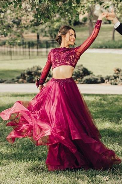 Elegant A Line Two Piece Burgundy Long Sleeve Beads Organza Open Back Long Prom Dresses WK24
