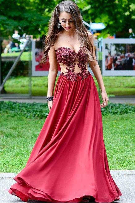 Sweetheart Appliques Beading Strapless Red A-Line Chiffon See-through Fashion Prom Dresses WK247