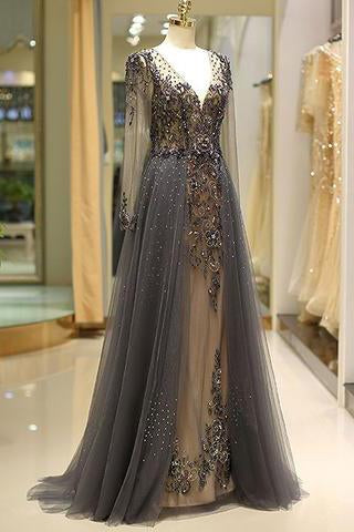 Elegant A Line V Neck Long Sleeves Tulle Grey Prom Dresses with Beading WK85