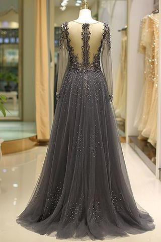 Elegant A Line V Neck Long Sleeves Tulle Grey Prom Dresses with Beading WK85