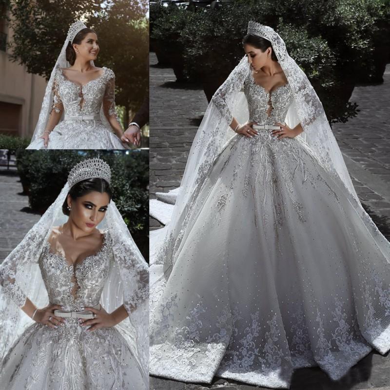 Sexy Ball Gown Sweetheart Long Sleeve Lace Appliques Tulle Long Wedding Dresses WK70