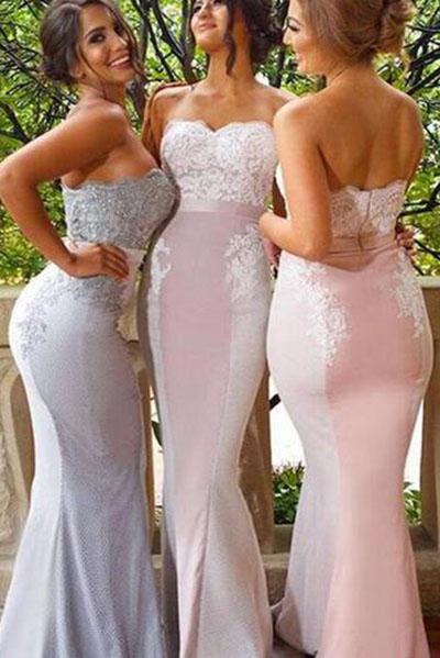 Lace Cheap Long Strapless Mermaid Appliques Backless Custom Bridesmaid Dresses WK257