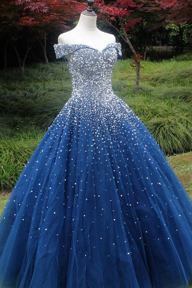 Sparkle Off the Shoulder Blue Ball Gown Prom Dresses Puffy Tulle Quinceanera Dresses WK239