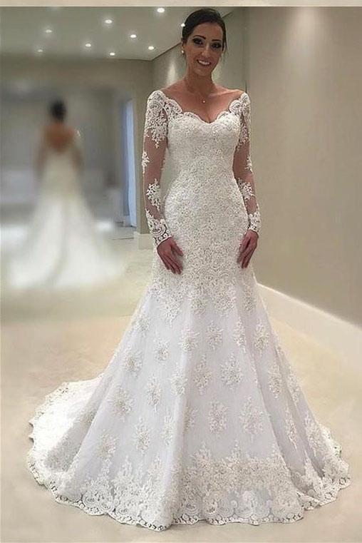 Elegant Lace V Neck Neckline Mermaid Long Sleeve Wedding Dresses with Appliques WK69