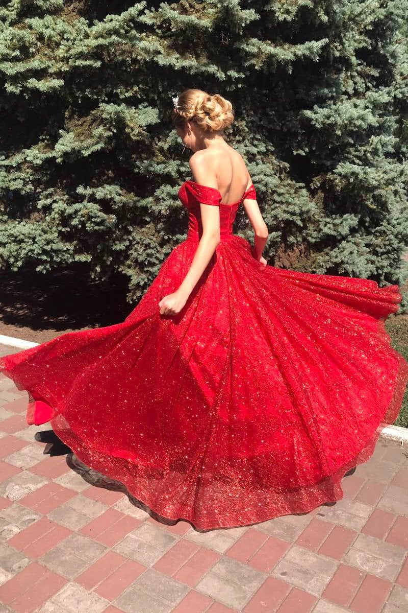 Sparkly Off Shoulder Red Long Prom Dress Glitter Evening Dresses WK257