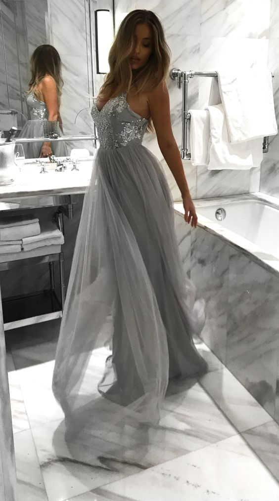 Light Grey Backless Spaghetti Straps Lace Tulle Long A-line V-Neck Prom Dresses WK529