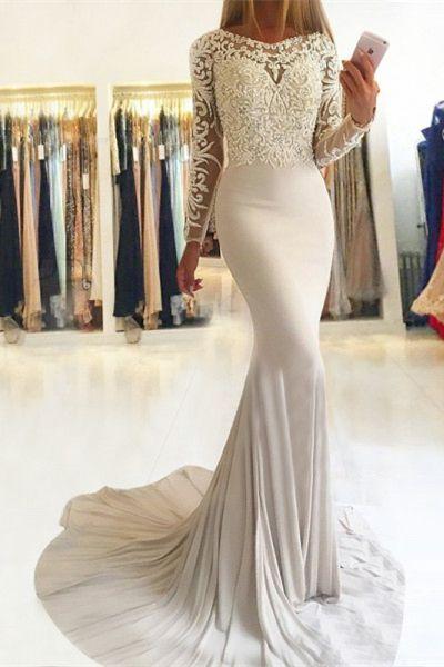 Elegant Mermaid Long Sleeve Scoop Lace Prom Dresses Long Evening Dresses WK746