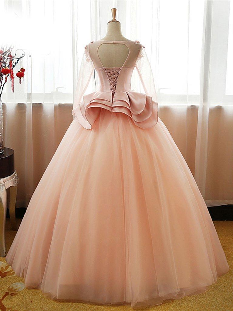 Vintage Pink Flower Long Sleeves Puffy Tulle Long Quinceanera Dress Prom Dresses WK428