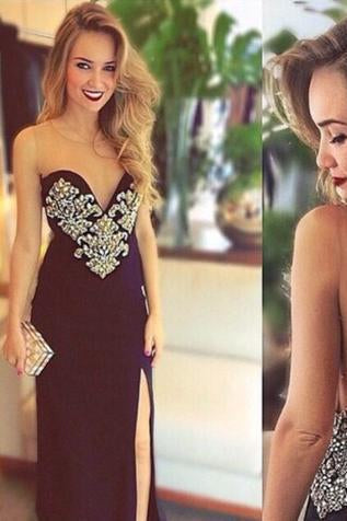 Sexy V-Neck Floor Length Long Backless Strapless Tulle with Slit Beading Prom Dresses WK195