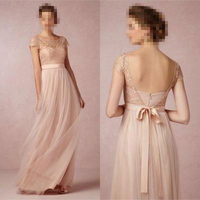 2024 Cap Sleeve A-Line Lace Chiffon Long Elegant Backless Bridesmaid Dress WK155