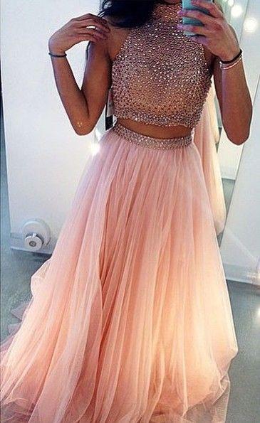 Charming A-Line Beading Two Pieces Long High Neck Tulle Floor-Length Prom Dresses WK216