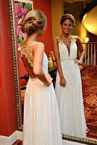 New Arrival Gold Lace Ivory Backless Long Open Back Deep V Neck Cheap Wedding Dresses WK996