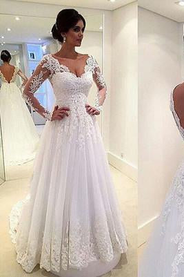 Long Sleeves White Lace Wedding Dresses V Neck Beach Wedding Dress Bridal Gowns WK243