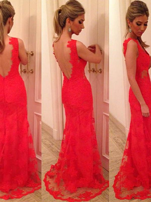 Charming Mermaid Red V-Neck Prom Dress Lace Party Dress Backless