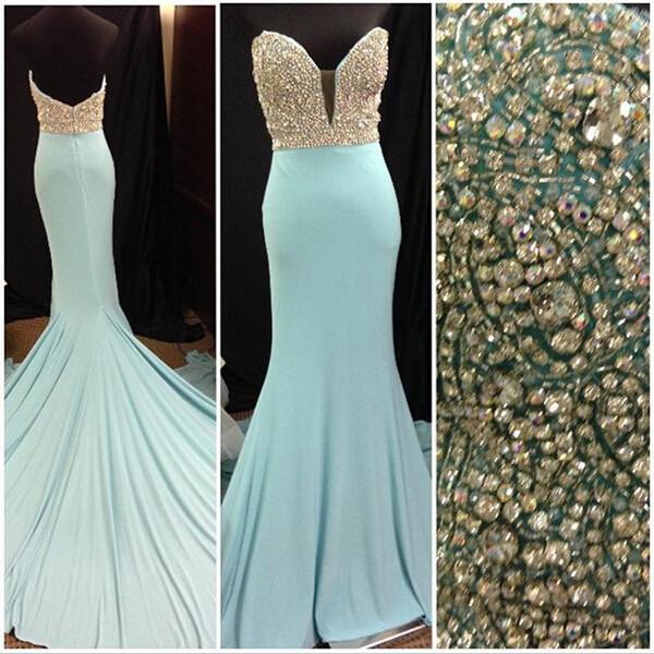 Gorgeous Long Blue Sweetheart Mermaid Elegant Beading Strapless Prom Dresses WK153