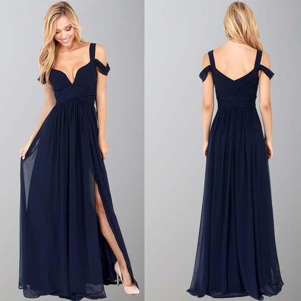 Navy Blue Off-The-Shoulder Long Chiffon Formal With Straps Sleeves Modest Bridesmaid Gown WK77