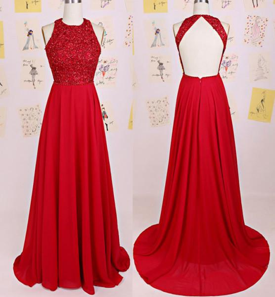 Charming O-Neck Beading A-Line Red Floor-Length Chiffon Backless Prom Dresses WK129