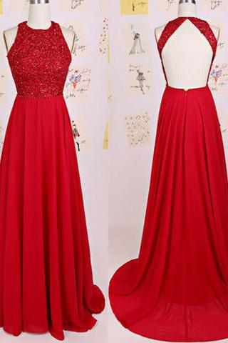 Charming O-Neck Beading A-Line Red Floor-Length Chiffon Backless Prom Dresses WK129