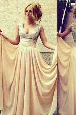 Champagne Nude Chiffon Long Off the Shoulder V-Neck Sequin Beads Bodice Prom Dresses WK07