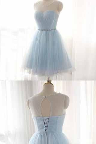 Light Sky Blue Short Prom Dress Sleeveless Open Back Scoop Homecoming Dresses WK909