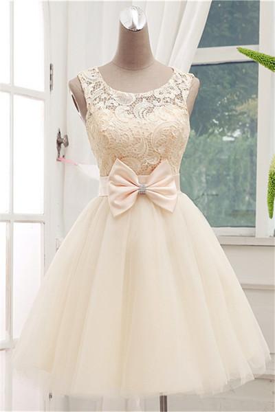 Lace Short Champagne Ball Gown Sleeveless Bowknot Open Back Scoop Homecoming Dresses WK878