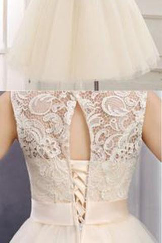 Lace Short Champagne Ball Gown Sleeveless Bowknot Open Back Scoop Homecoming Dresses WK878