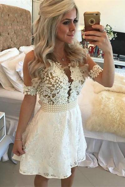 White Lace Beading A-Line Short Lace Formal Dress For Teens V-Neck Homecoming Dress WK531