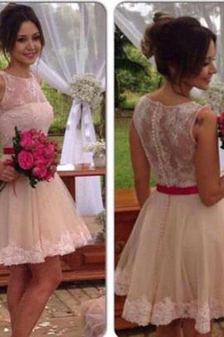 Lace Tulle Cute Fashion Scoop A-Line Sleeveless Homecoming Dress Short Prom Dress WK879