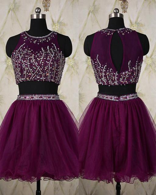 Two Pieces Silver Beading Short Sweet 16 Dress Tulle Halter Open Back Homecoming Dresses WK436