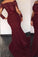 Burgundy Satin Long Sleeves Elie Saab Off the shoulder Appliques Mermaid Prom Dresses WK756