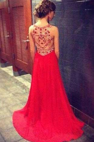 Gorgeous Red High Neck Sleeveless A-Line Beaded Bodice Chiffon Long Prom Dresses WK828