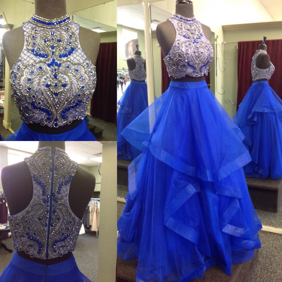 Royal Blue Two Piece Beaded Bodice Tulle Skirt Ball Gown Halter Sleeveless Prom Dresses WK224