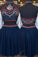 Cute Short A-Line Glitter Navy Blue Backless Sexy Fashion Two Pieces Homecoming Dresses WK38