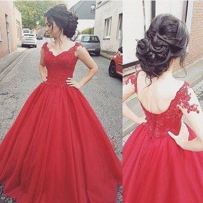 Elegant Ball Gown Cap Sleeve Appliques Sweetheart Lace up Red Long Prom Dresses WK999