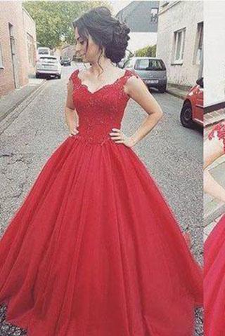 Elegant Ball Gown Cap Sleeve Appliques Sweetheart Lace up Red Long Prom Dresses WK999