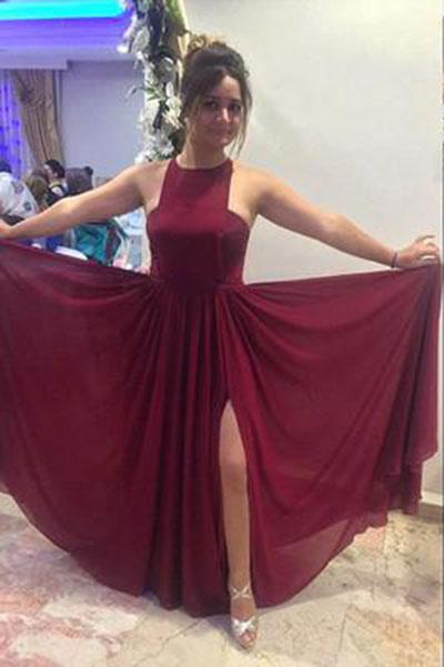 Pretty Burgundy Halter Sleeveless Long Chiffon Prom Dresses Open Back Prom Dresses WK135