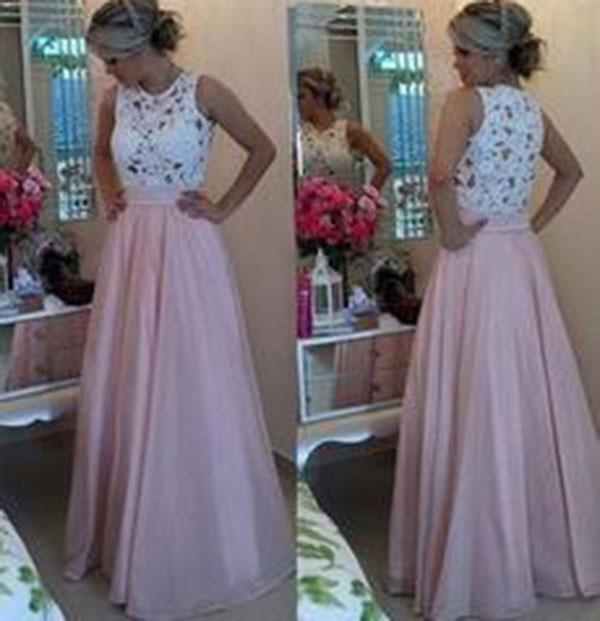 Gorgeous Lace Chiffon A-Line Formal Prom Gown With Pearls Blush Pink Long Prom Dresses WK134