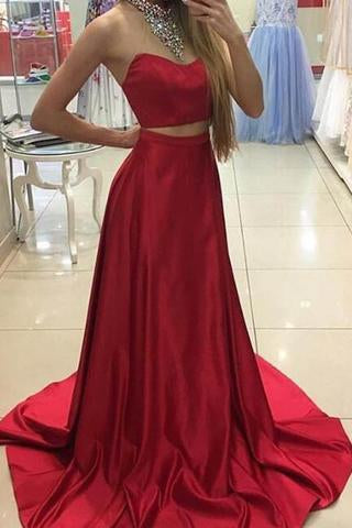 Fabulous Two Piece Red Halter Sleeveless Sweep Train with Beading Prom Dresses WK730