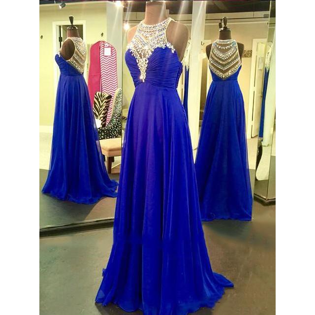 Royal Blue Sparkle Beads Halter Pretty Illusion High Neck Chiffon Prom Dresses WK405