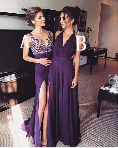 Elegant Long Simple Formal Dress For Women Purple A-Line V-Neck with Slit Prom Dresses WK763