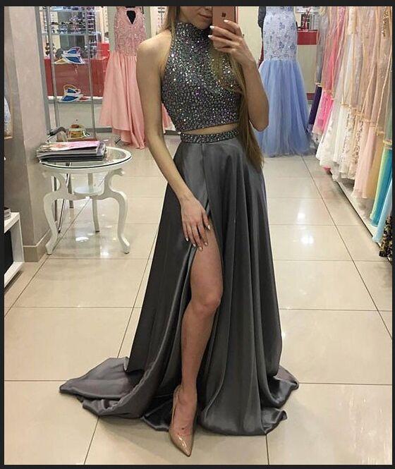 Two Pieces Beaded Gray Front Split Long Modest Prom Dresses Sparkly Prom Dresses WK675