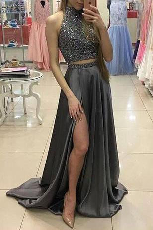 Two Pieces Beaded Gray Front Split Long Modest Prom Dresses Sparkly Prom Dresses WK675